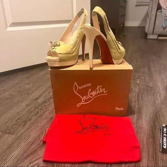 Barely worn Louboutin Jefferson Plato 140 suede/cervo heel toe in yellow sz. 38‌ - Picture 13 of 13